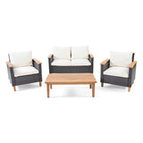 Outdoor Patio Set PE Rattan Acacia Wood Teak Cushions 4 Piece