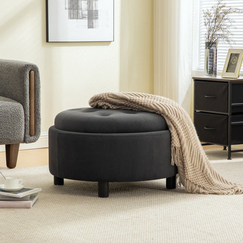 29.33' Round Upholstered Ottoman with Reversible Lid, Fleece Fabric, Gray