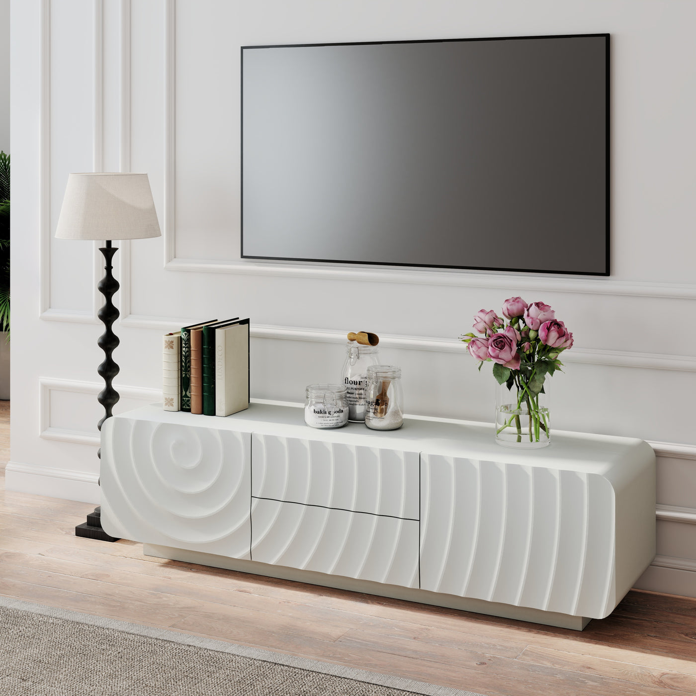 TV Stand Spiral Wave White MDF Floating Base Fits 60 In TV 58.3 In