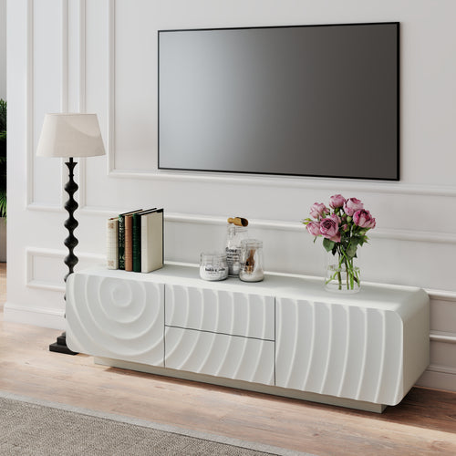 TV Stand Spiral Wave White MDF Floating Base Fits 60 In TV 58.3 In