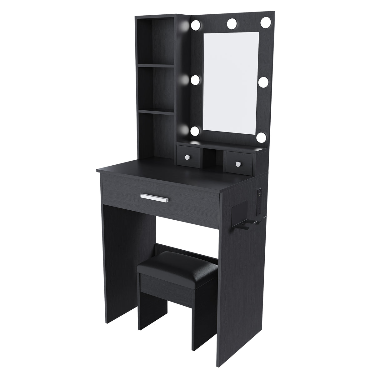 Black Vanity Table with Adjustable LED Mirror, Power Outlet, Hairdryer Holder &
