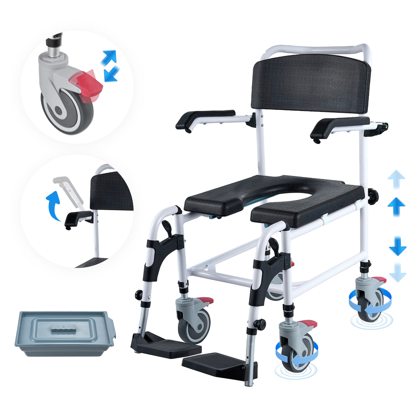 Shower Commode Wheelchair 350 LBS Adjustable Height Removable Bucket