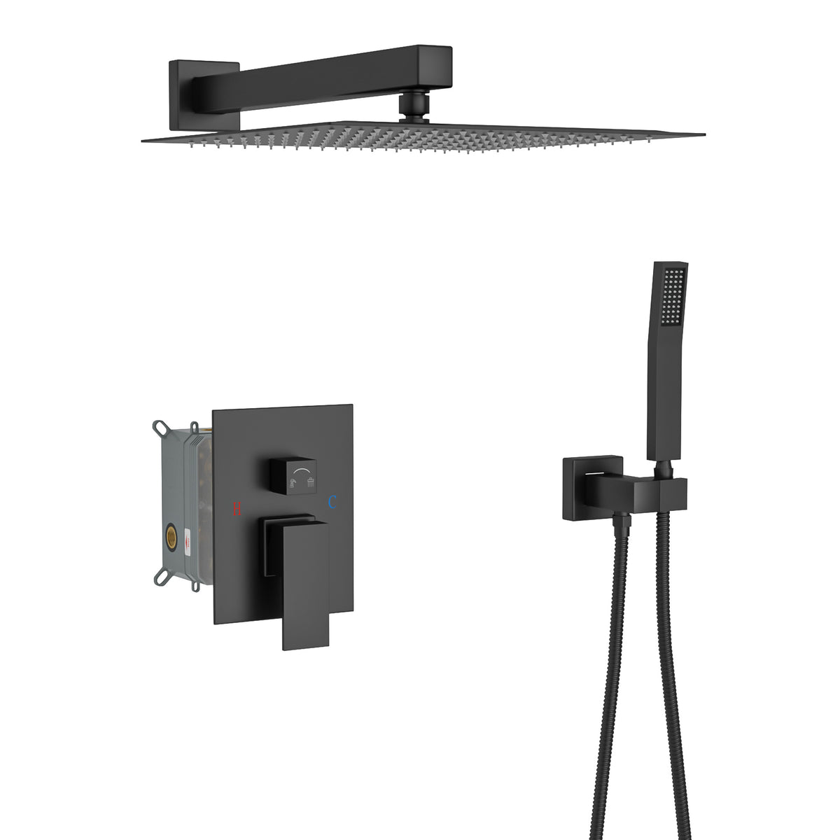 10' Matte Black Square Dual Shower Head System - Wall Mounted with Rough-in Valv