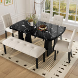 6 Piece Modern Dining Table Set, 63' Faux Marble Dining Table with Geometric Legs & 4 Upholstered Chairs & 1 Bench, Suitable for Dining Kitchen Room,Easy to Assemble, Beige+Black