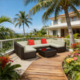Outdoor Sectional Set PE Rattan Steel Beige Cushion 7 Piece L-Shape Seats 6
