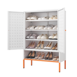White Metal Double Door Shoe Cabinet Adjustable Compartments