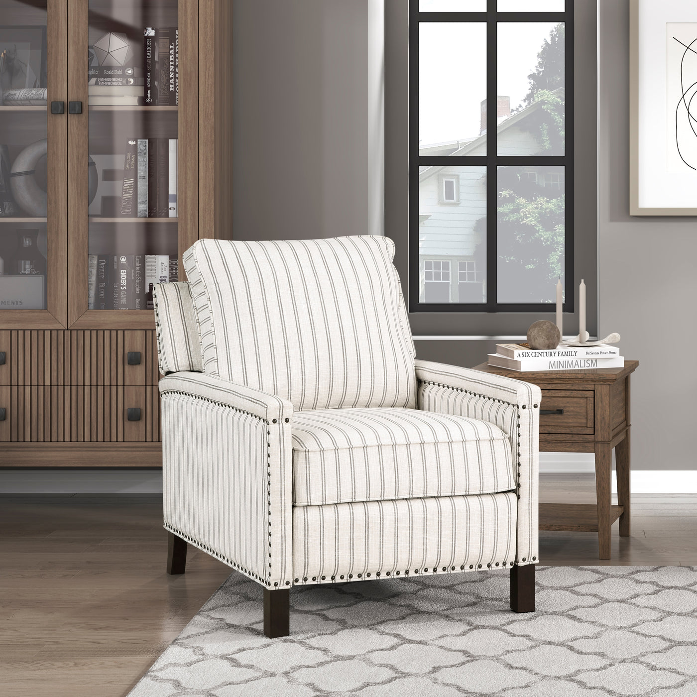 Textured Fabric Pushback Recliner Chair Nailhead Trim Wood Frame