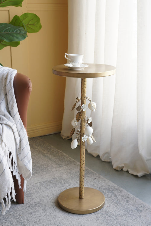 Round Iron Side Table Gold White Floral Cement Base