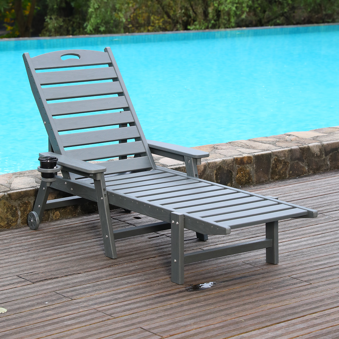 Outdoor Chaise Lounge Chair Plastic Adjustable Recline Gray 43"
