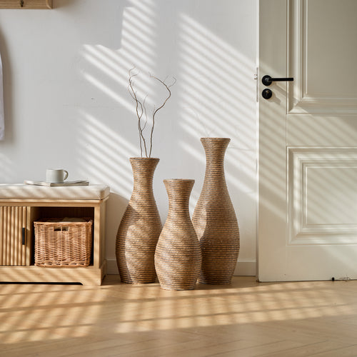 3-piece elegant beige artificial rattan floor vase - a signature item