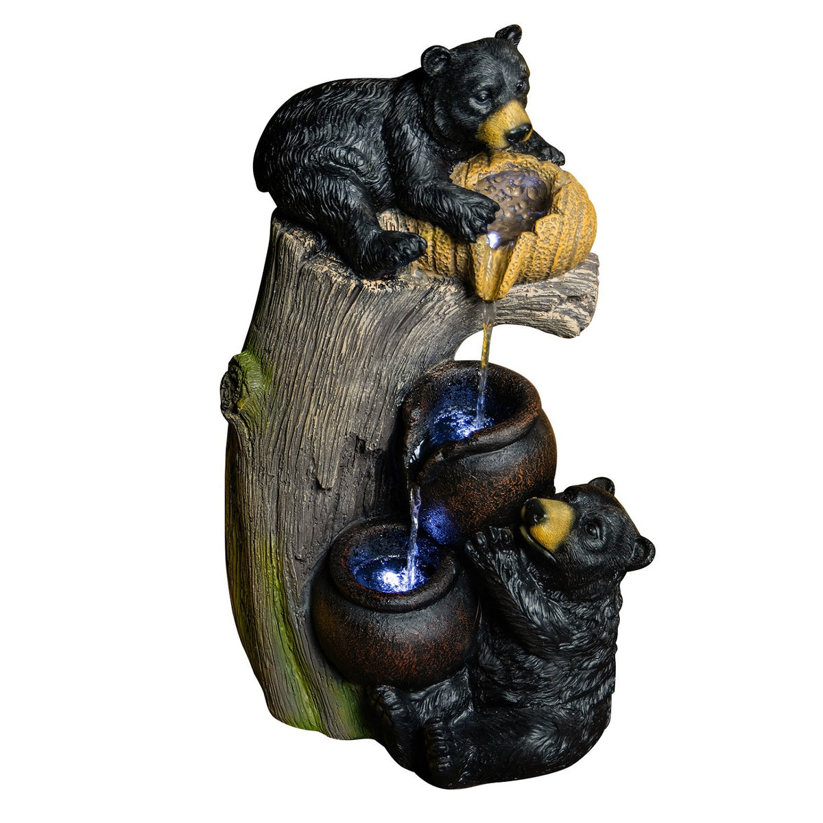Rustic Bear Tree Stump Outdoor Water Fountain, Tiered Pots Garden Decor with LED