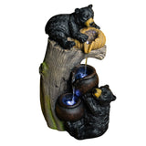 Rustic Bear Tree Stump Outdoor Water Fountain, Tiered Pots Garden Decor with LED