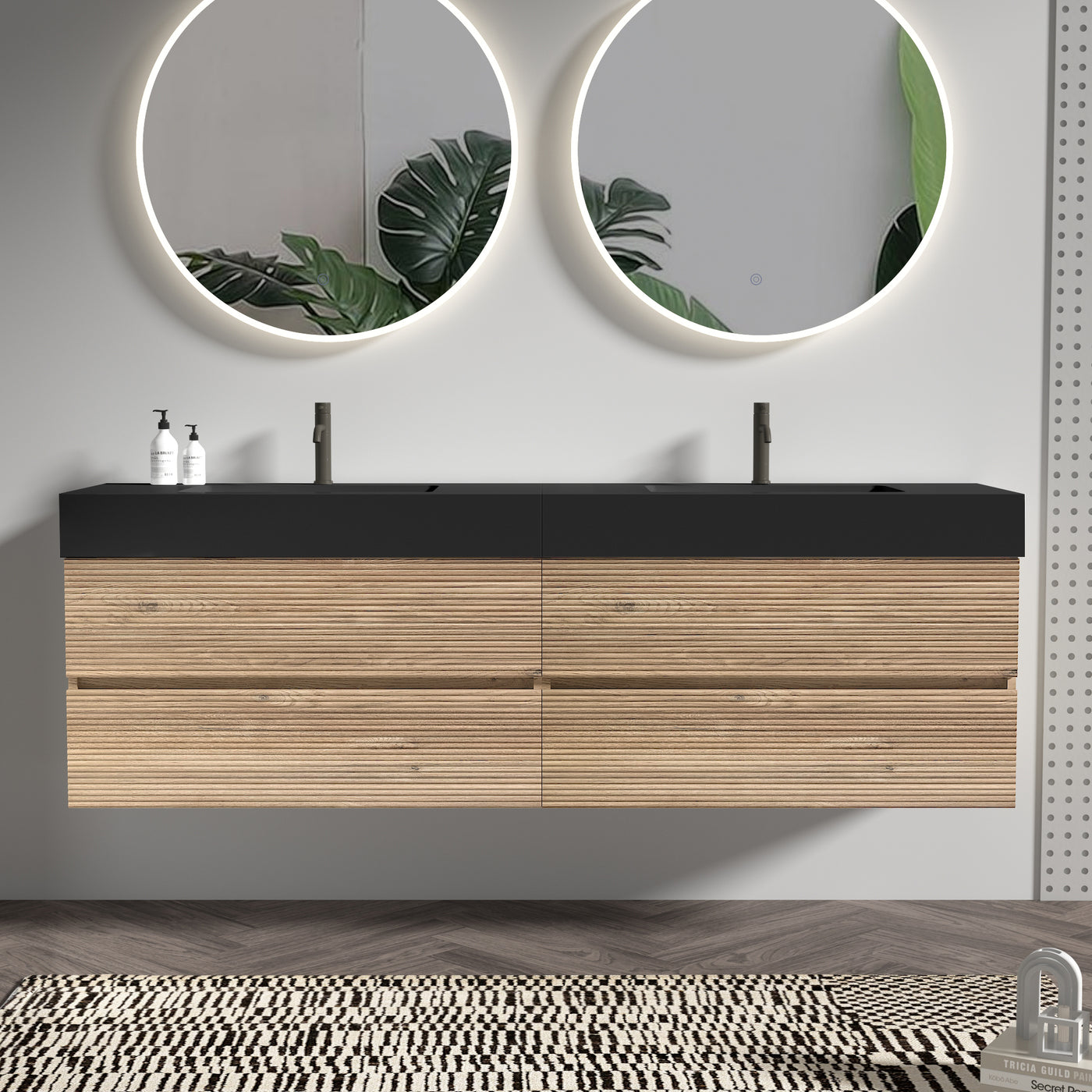 72''(36Inch*2) Bathroom Vanity with Matt Black Engineered Quartz Sink and Rou...