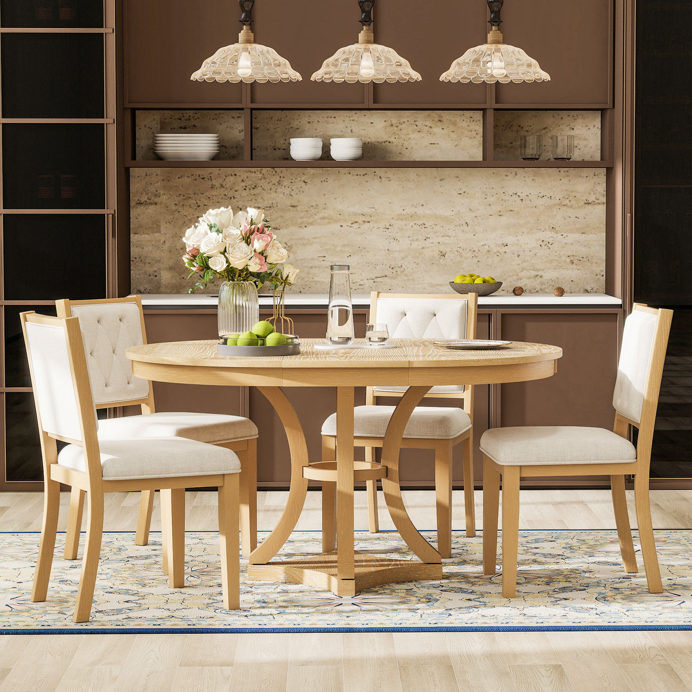 5-Piece Retro Functional Dining Table Set Extendable Round Table and 4