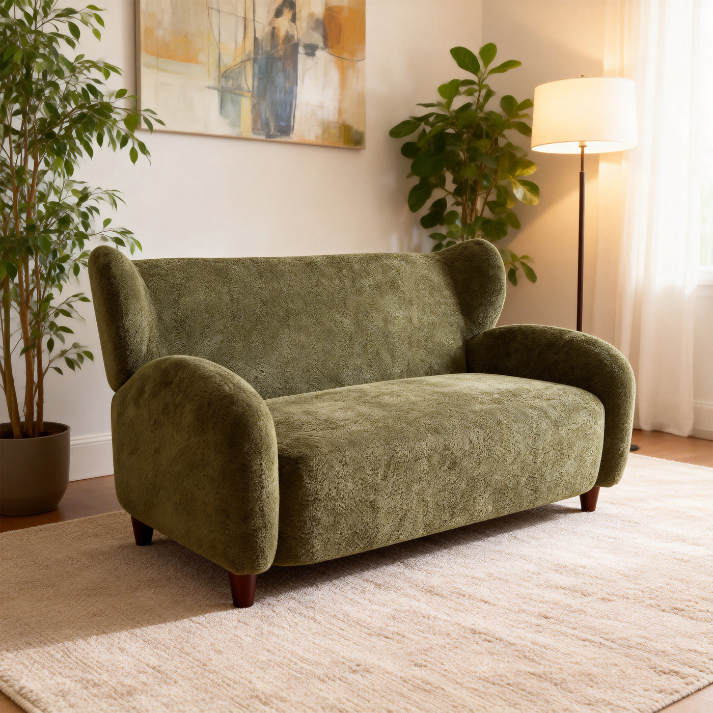 Nordic Chenille Loveseat 58" Curved Backrest Olive Green