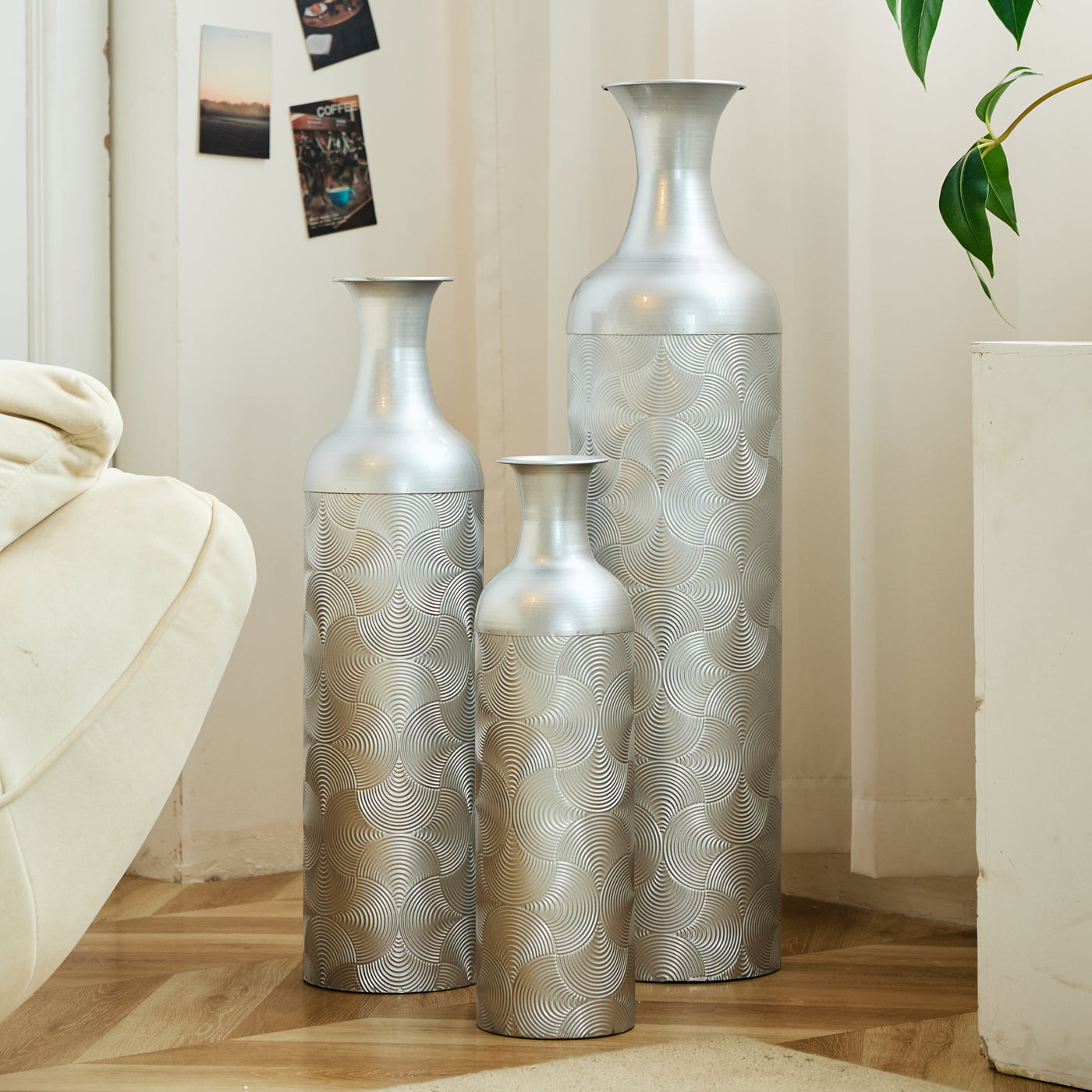 Silver Metal Wave Pattern Floor Vases Set of 3