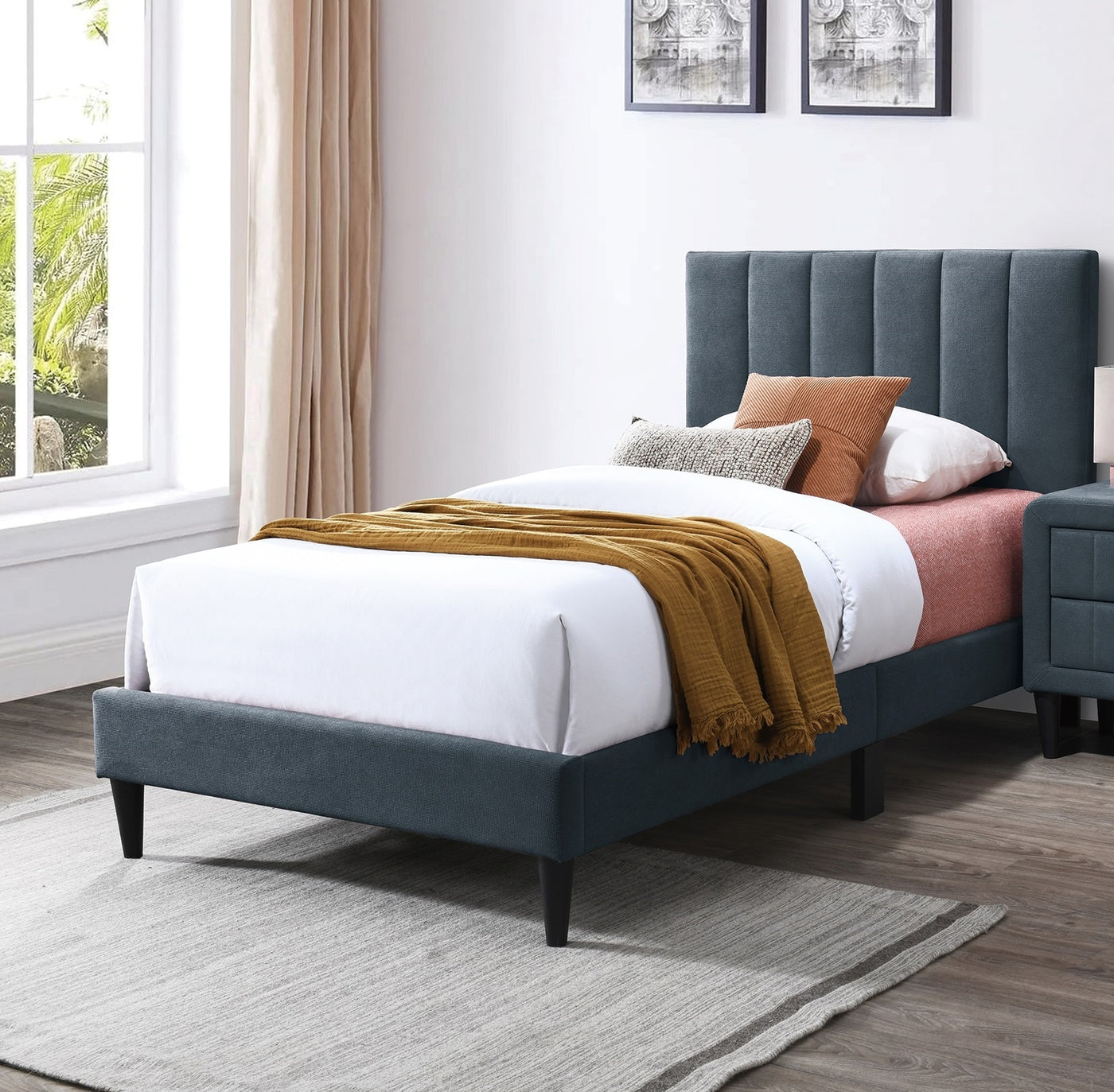 Twin Size Channel Tufted Bed Frame Charcoal