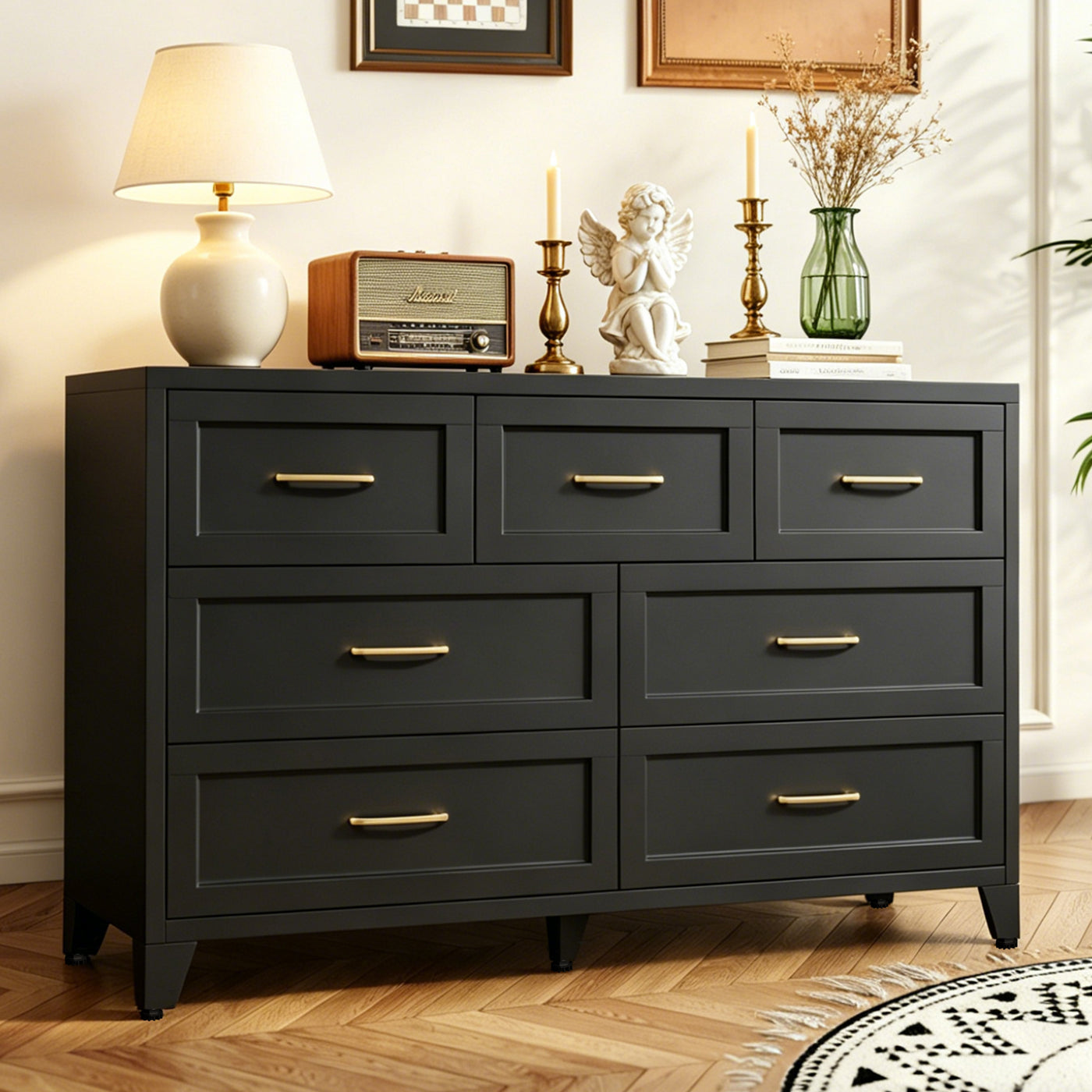 Dresser Low-Profile 7-Drawer Black Steel Smooth Glide 47.3x15.8x30.8 In