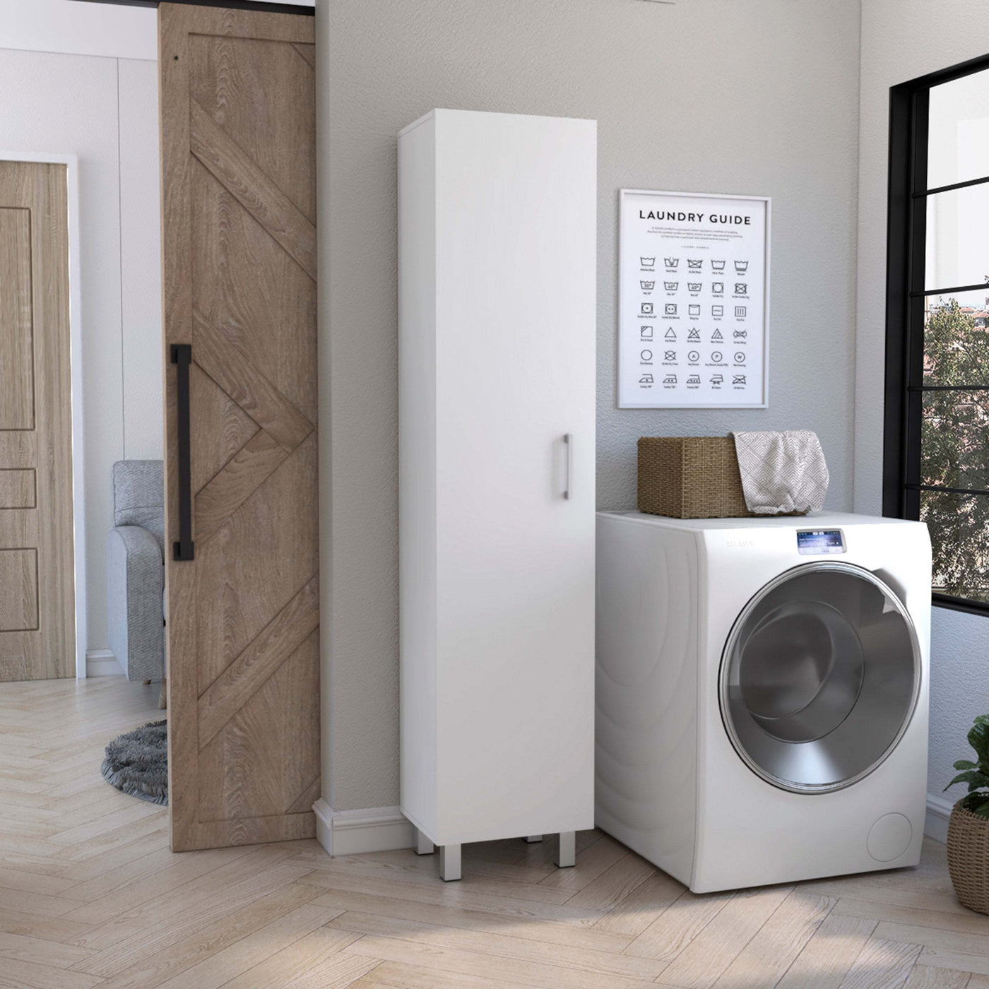 White Metal Storage Cabinet with Broom Hangers and Handle