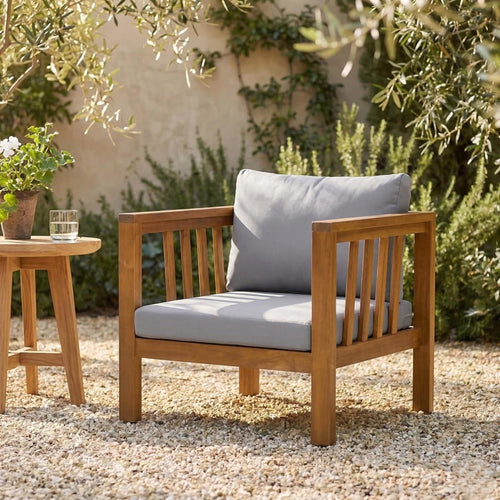 Acacia Wood Club Chair with Cushion, Adjustable Feet