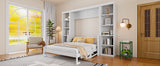 White Queen Size Murphy Bed with Desk and Bookshelf, Pine Wood + MDF, 116.9''L x 84.6''W x 86.8''H