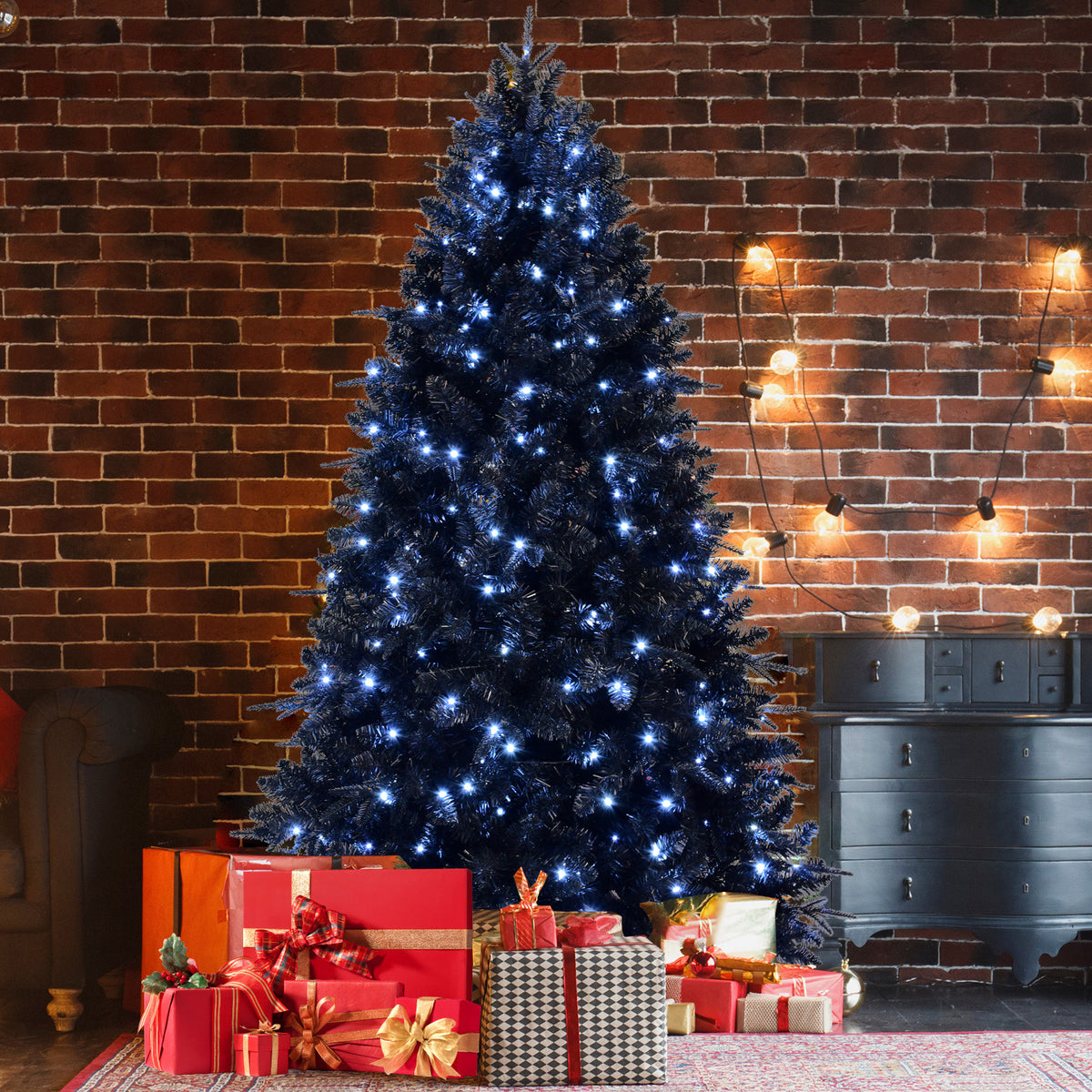 5ft Black Christmas Tree with 250 White LED Lights, 1076 Tips PE+PVC Artificial