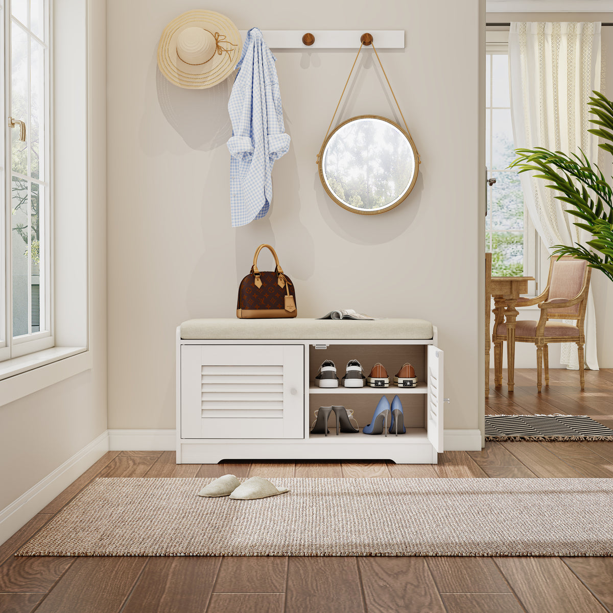 28.74"Shoe Storage Bench with 2 Door Cabinet, Entryway Bench