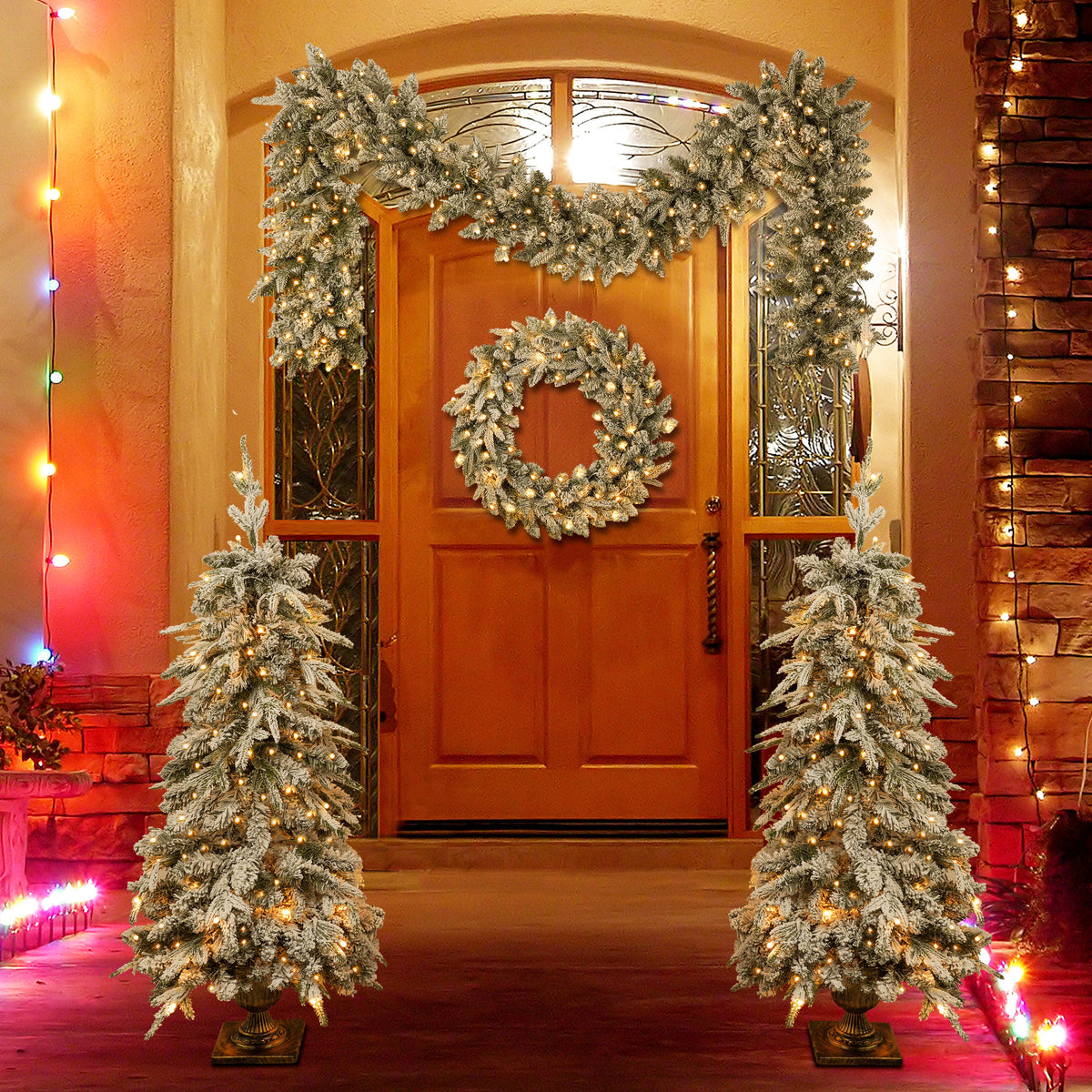 Pre-lit Christmas Artificial Tree 4-Piece Set, Garland, Wreath and Set of 2 Entr