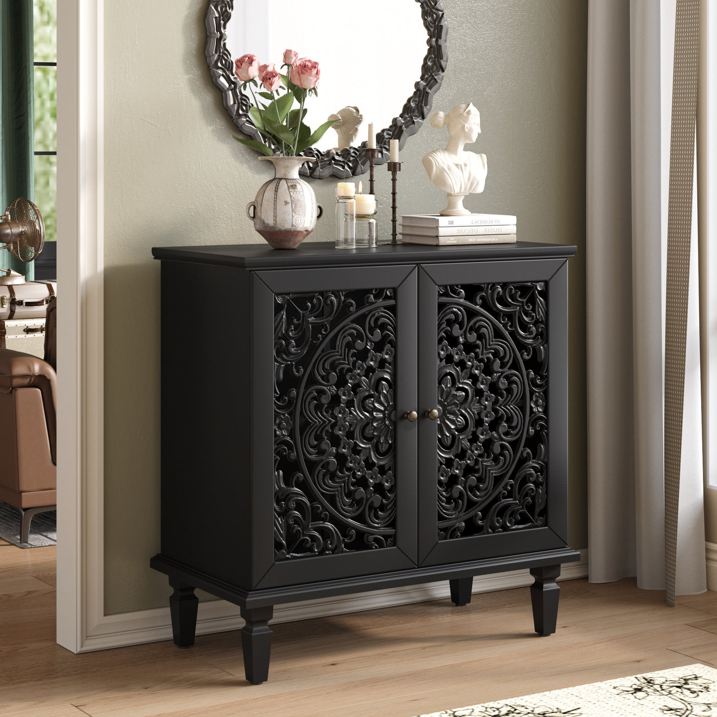 Black 2-Door Hollow-Carved Wood Display Cabinet Sideboard