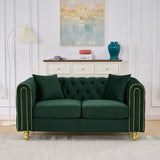 63" Green Velvet Button Tufted Loveseat Sofa with Rolled Arms