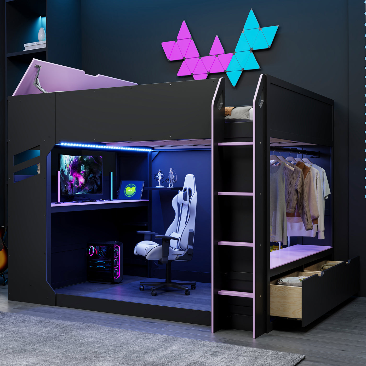 Full Size Loft Bed with Desk, Drawers and RGB Lights