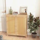 Mid-Century Modern Storage Cabinet with Woven Rattan Doors & Adjustable Shelves