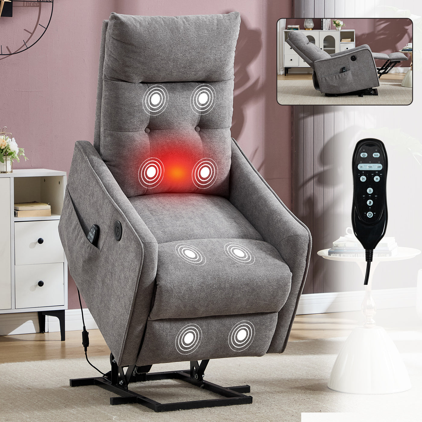 Light Grey Chenille Power Lift Recliner Chair w/ Massage Heat USB