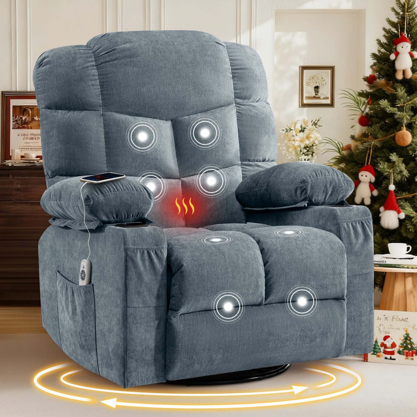Oversized Massage Swivel Recliner Chair with Lumbar Heat