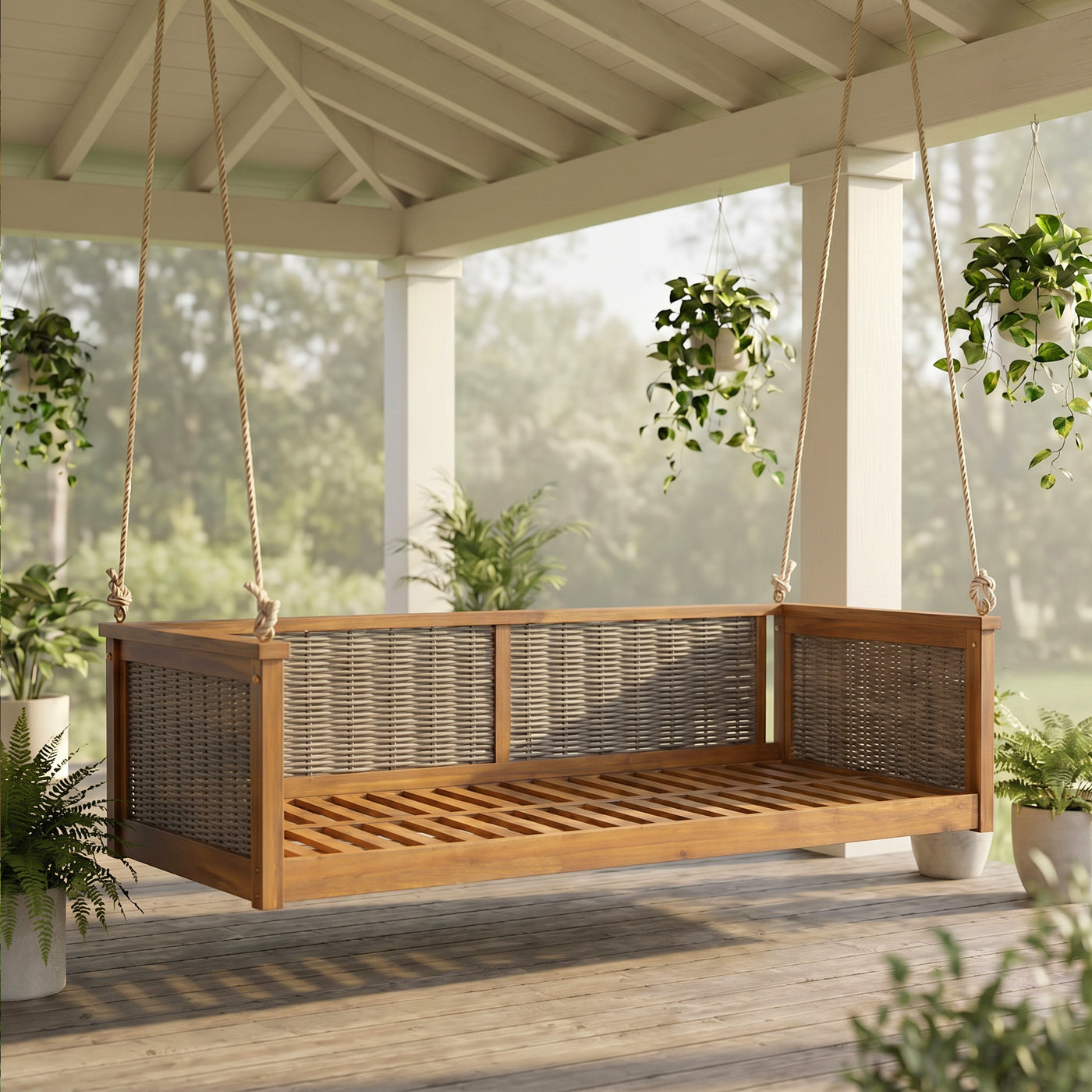 Twin Size Solid Wood Swing Bed with Rattan Frame and Ropes