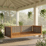 Twin Size Solid Wood Swing Bed with Rattan Frame and Ropes