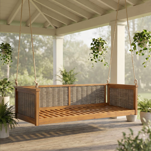 Twin Size Solid Wood Swing Bed with Rattan Frame and Ropes