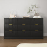 Dresser Classic 9-Drawer Black Particle Board Gold Handles 63x15.74 In