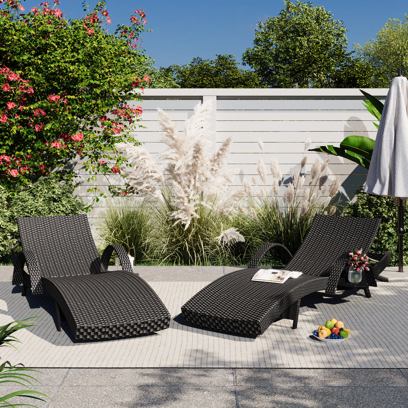 Chaise Lounge Wicker Steel Black Pull-Out Table 5 Position 470 LB Set 2