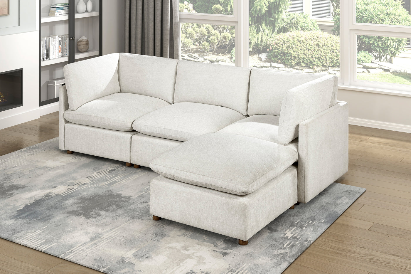 4-Piece Beige Fabric Sectional Sofa with Ottoman