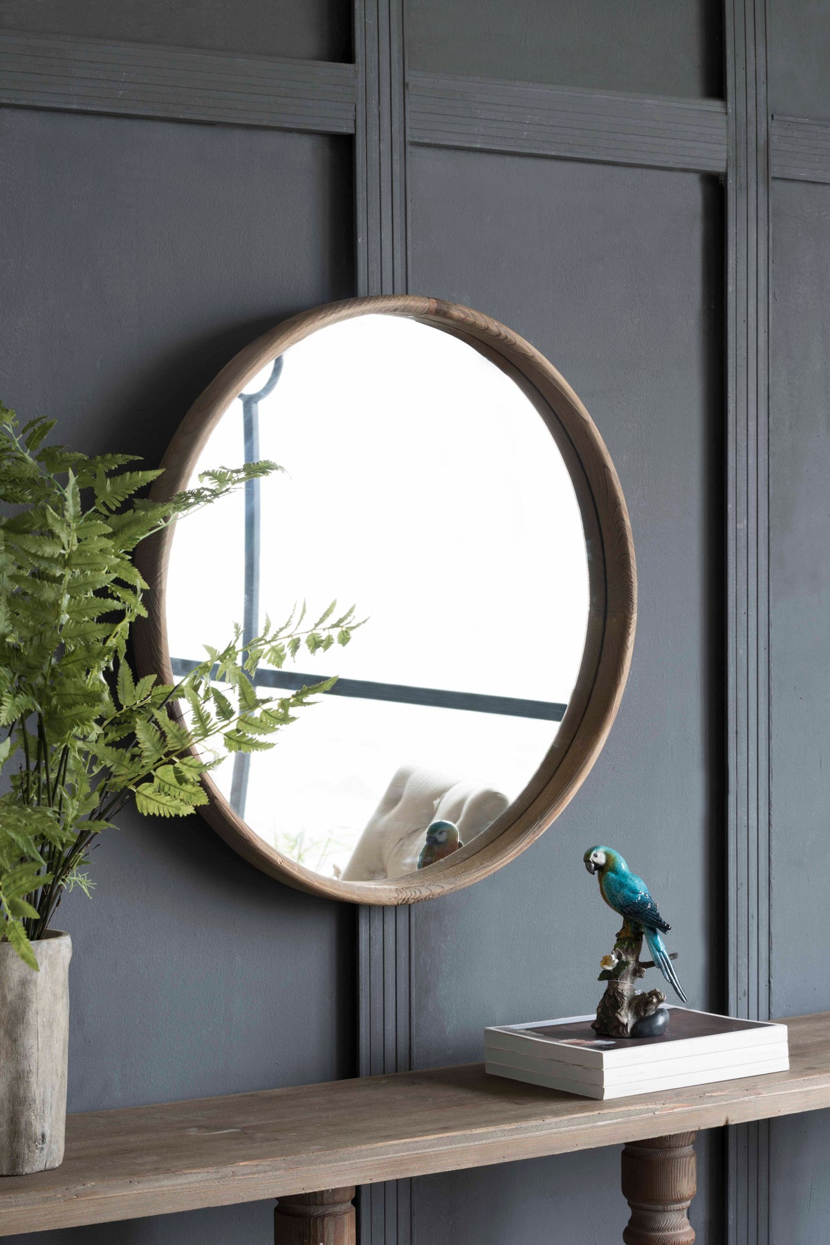 27.5' Round Wood Mirror, Wall Mounted Mirror Home Decor for Bathroom Living Room