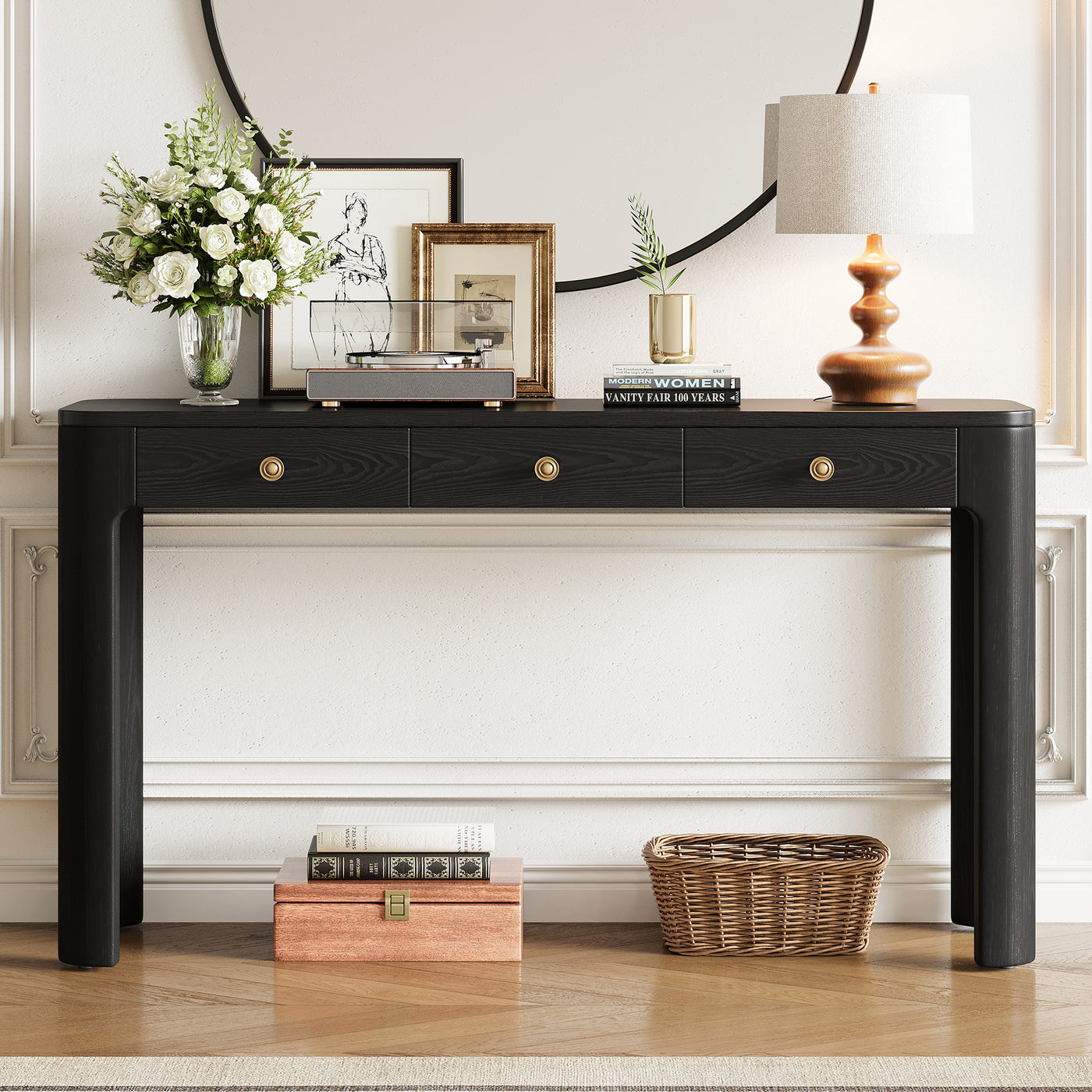 Rustic Console Table with 3 Drawers, Black Entryway