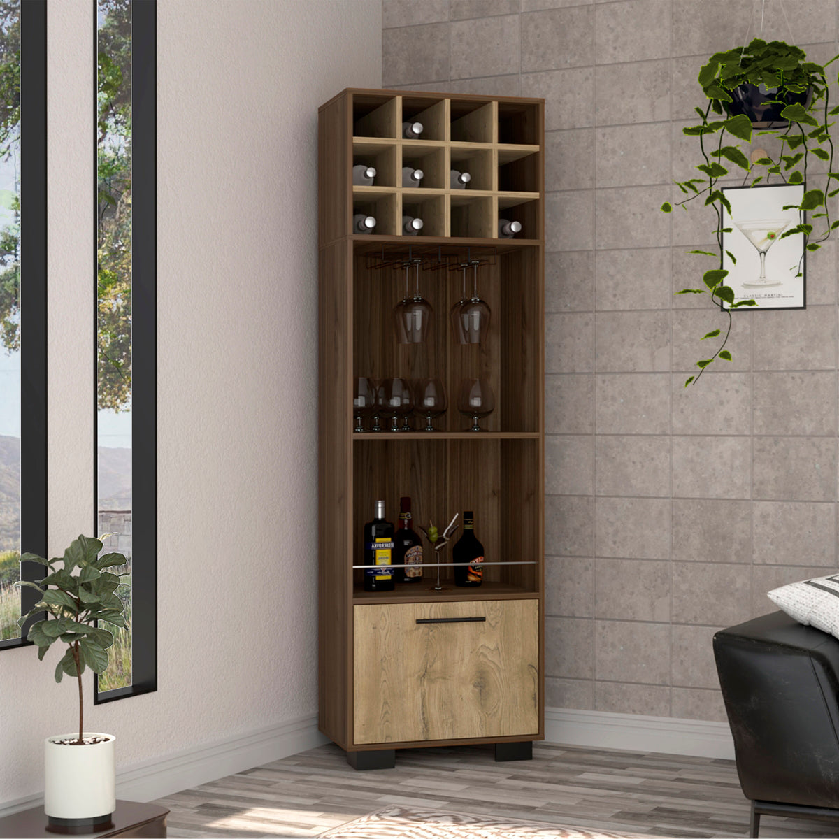 Marsella Corner Bar Cabinet, Eight Built-in Wine Rack, Two Side Shelves