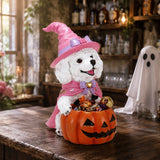Halloween White Teddy Puppy Figurine, Witch Dog Holding Pumpkin Candy Bowl Decor