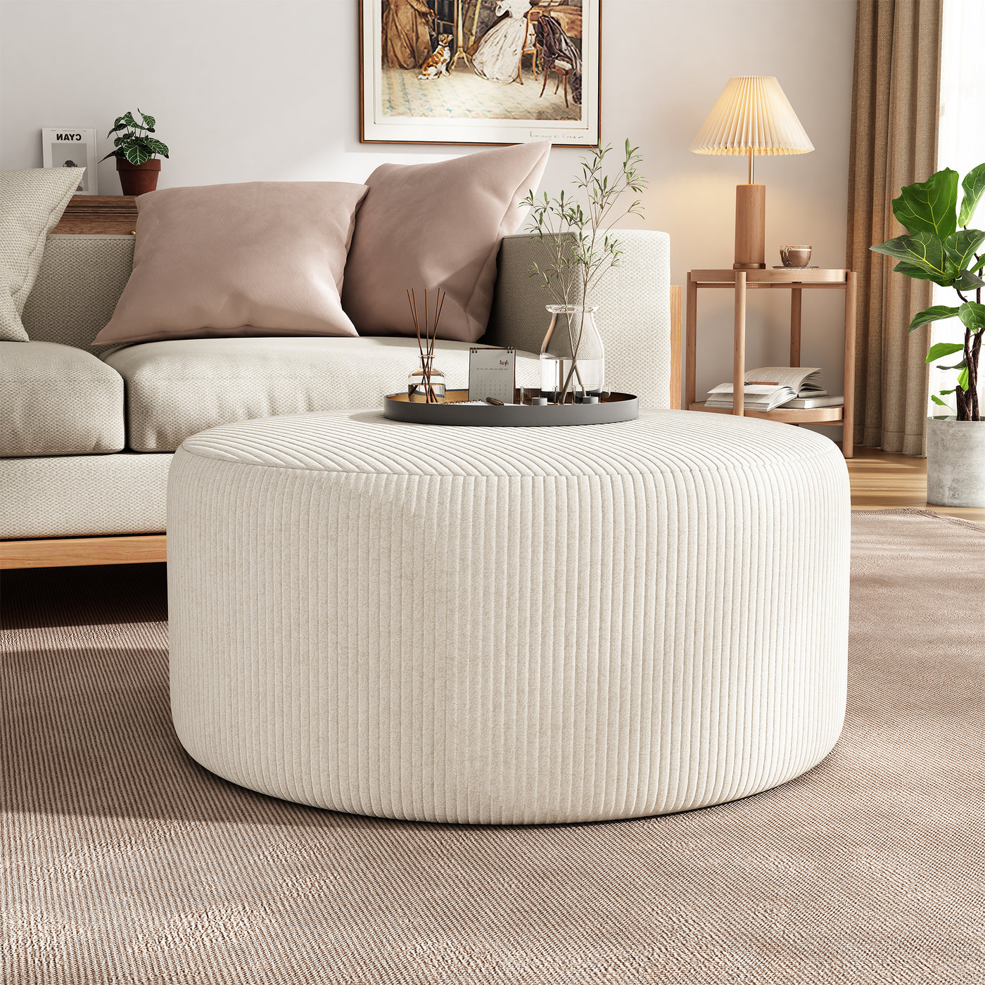 Upholstered Round Ottoman, Beige, Corduroy