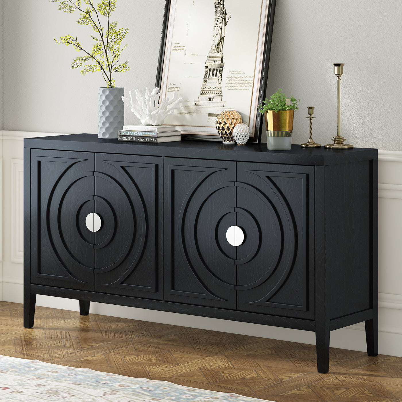 Retro Black Sideboard Cabinet Circular Groove Door Design