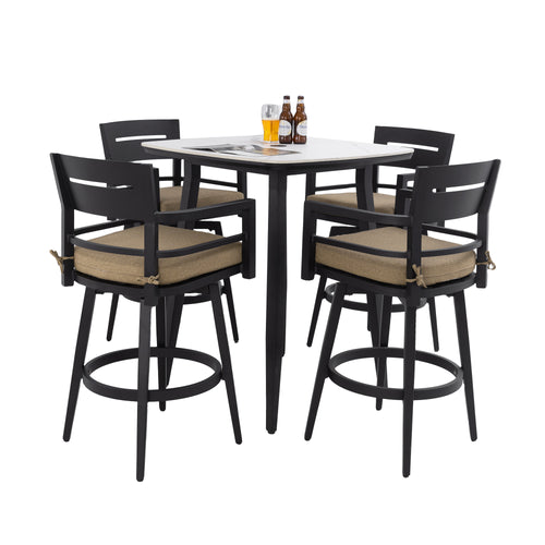 5PC Outdoor Patio Bar Set Sintered Stone Table Swivel Chairs