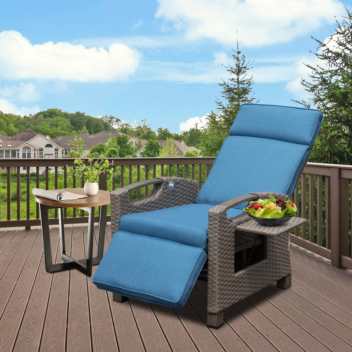 Navy Blue Wicker Outdoor Recliner Chair with Cushions
