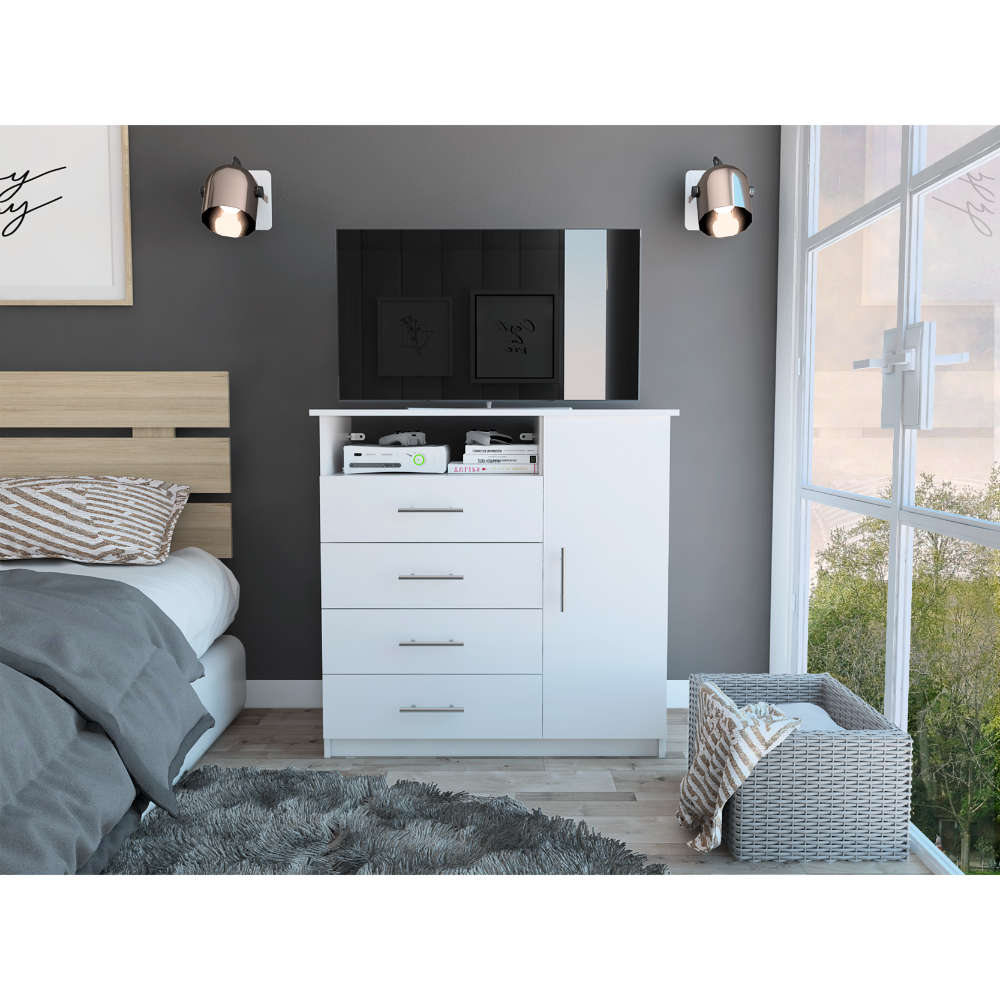 White 4 Drawer Dresser with Cabinet and Shelf