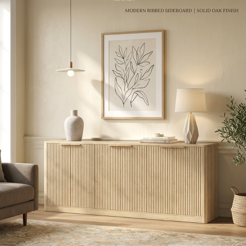 Natural Wood Farmhouse Sideboard Cabinet with Slatted Doors